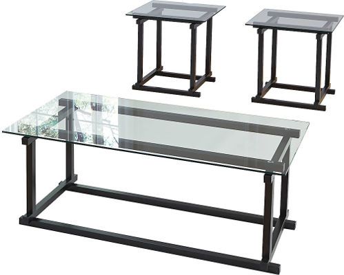  Ashley T189-13 Vonarri Occasional Table Set, Three-Piece Set, Black Finish, Table frame made with tubular metal in black texture powder coat finish, Clear tempered glass tops have polished edges, Dimensions 47.25