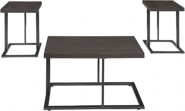  Ashley T194-13 Airdon Occasional Table Set, Three-Piece Set, Bronze Finish, Table frame made with tubular metal and finished in an aged bronze color, Table top made with wire brushed ash veneer finished in a graphite color finish, Modern cantilever design on versatile moderate scaled rectangular tables, Dimensions 36.00