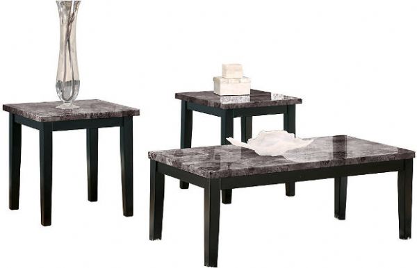  Ashley T204-13 Maysville Three-Piece Occasional Table Set, Black Finish, Table top made with polyurethane coated print marble, Aprons and legs made from select veneers and solids in a black finish, Dimensions 48.00