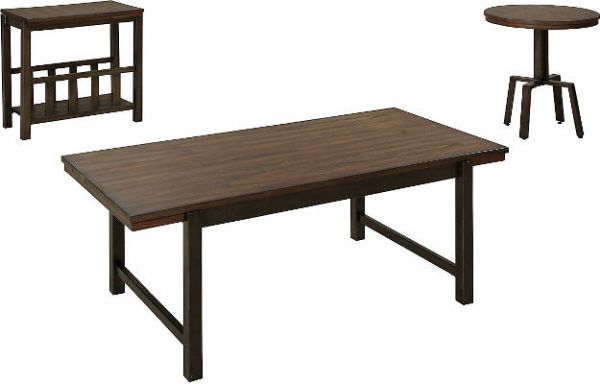  Ashley T212-13 Riggerton Series Three-Piece Occasional Table Set, Burnished Brown, Table frames made with tubular metal in glazed bronze toned finish, Table tops and shelf made with select Mindi veneers and hardwood solids in a dark glazed brown finish, Dimensions 47.75