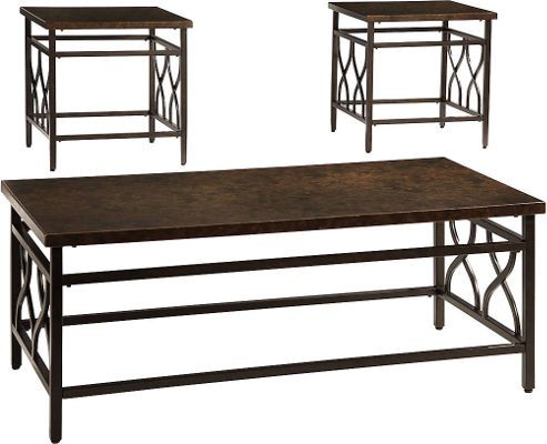  Ashley T269-13 Tippley Series Three-Piece Occasional Table Set, Bronze Finish, Table frame made with tubular metal in dark bronze color powder coat finish, Table top made with a print vintage metallic effect, Dimensions 48.88