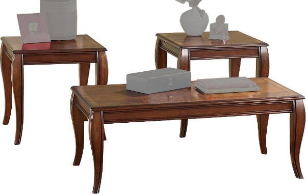  Ashley T317-13 Mattie Series Three-Piece Occasional Table Set, Reddish Brown Finish, Made with select inlay veneer and hardwood solids in a dark brown finish, Shaped and flared legs, Dimensions 48.00