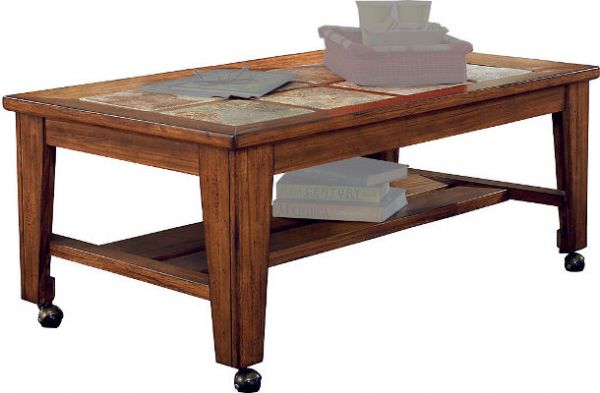 Ashley T353-0 Toscana Series Rectangular Cocktail Table, Rustic Brown, Rich warm finish, Solid wood frames, Natural slate tile inserts, Features a shelf, Features casters for easy movement, Assembly required, Dimensions 48.00