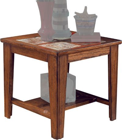  Ashley T353-2 Toscana Series Square End Table, Rustic Brown, Rich warm finish, Solid wood frames, Natural slate tile inserts, Features a shelf, Assembly required, Dimensions 26.00