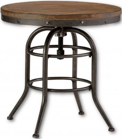 Ashley T500-726 Vennilux Series Round End Table, Brown Color; Relaxed and casual, this accent furniture collection has details that make a statement in the environment we choose to live in; Top is made with pine veneer and finished in a wire brushed driftwood finish; Base made from metal in antique hand applied blackened steel finish; Dimensions 23.75