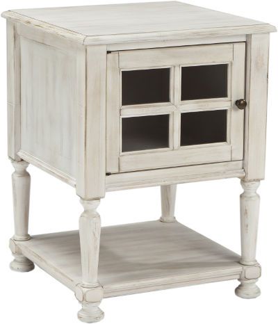 Ashley T505-102 Mirimyn Series Chair Side End Table, White Color, Made with select veneer and hardwood solids, Each piece is finished in a gently distressed vintage painted finish, Each piece is moderately scaled and selected for its versatility of use in the home, Doors and drawers have simple bronze color metal decorative knobs, Dimensions 19.00