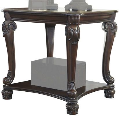 Ashley T519-2 Norcastle Series Square End Table; Made from select birch veneers and hardwood solids; Traditional dark brown finish; The aprons, legs and feet are ornately embellished with a variety of motifs; Table has a functional base shelf; Dimensions 28.00