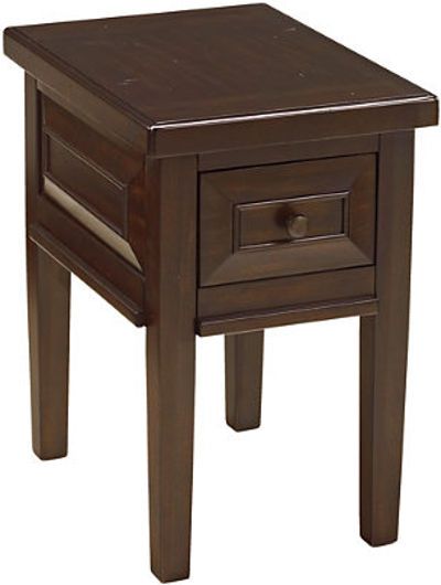 Ashley T695-7 Hindell Park Series Chair Side End Table, Made with select Mango veneers and hardwood solids in a warm brown rustic finish, Dark antique brass color knobs, Has dovetail drawer construction and ball bearing guides, Dimensions 16