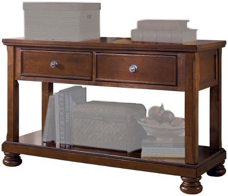 Ashley T697-4 Porter Series Console Sofa Table, Made with select cherry veneers and hardwood solids, Burnished brown finish, Drawers on select table have a dark bronze color knob and backplate, Features drop down drawer fronts for media storage, Dimensions 52.50