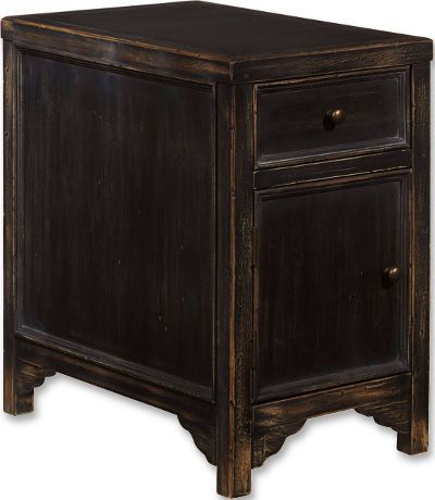  Ashley T732-7 Gavelston Series Chair Side End Table, Black Finish, Tables are made with select veneer and solids in a dry vintage weathered black finish, Small wrought looking dark bronze color accent hardware, Dimensions 14.13