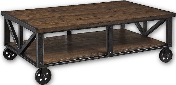  Ashley T870-0 Zenfield Collection Rectangular Cocktail Table, Medium Brown Finish, Mindi veneers and hardwood solids with textural wire-brushed finish in a deep rich brown color, Table tops have rustic metal accents which match the textured metal knobs, Over scaled footprint with full shelf and large industrial cast metal wheels, Dimensions 52.00