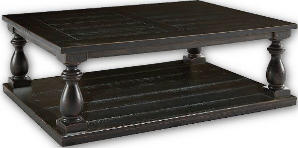  Ashley T880-1 Mallacar Collection Rectangular Cocktail Table, Black Finish, Made with thick pine veneers that have wire brush and saw cut accent planks and turnings finished in a black finish, Dimensions 54.13