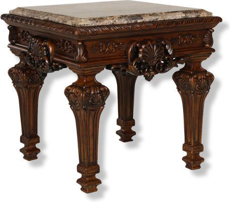  Ashley T953-2 Casa Mollino Collection Square End Table, Dark Brown Finish, Features inlaid stone top with deep set profiles, Distressed dark brown finish, Intricate details, RTA construction, Dimensions 28.00