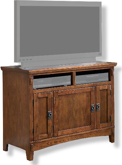  Ashley W319-18 Cross Island Collection TV Stand, Medium Brown Finish, Made with select oak veneers and hardwood solids, Mission styled cast hardware in an aged bronze color finish, Framed doors have mission styled overlay slats, Stand features adjustable shelf, Dimensions 41.88