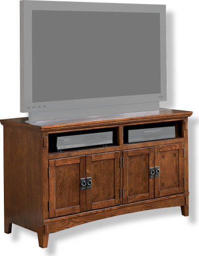  Ashley W319-28 Cross Island Collection Medium TV Stand, Medium Brown Finish, Made with select oak veneers and hardwood solids, Mission styled cast hardware in an aged bronze color finish, Framed doors have mission styled overlay slats, Stand features adjustable shelf, Dimensions 49.94
