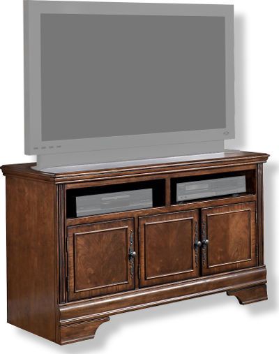 Ashley W527-28 Hamlyn Collection Medium TV Stand, Dark Brown Finish, Made with select hardwoods and cherry veneer with Prima Vera inlay veneer, Rich dark brown finish, Profiled wrap around mouldings, Dimensions 50.00