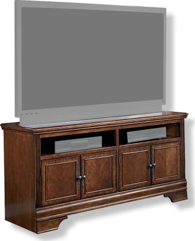 Ashley W527-38 Hamlyn Collection Large TV Stand, Dark Brown Finish, Made with select hardwoods and cherry veneer with Prima Vera inlay veneer, Rich dark brown finish, Profiled wrap around mouldings, Dimensions 59.88