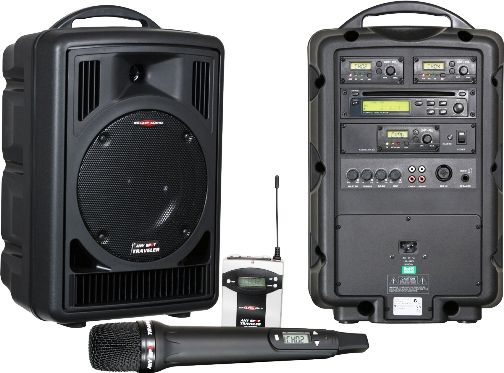 Galaxy Audio AS-TV8T2 Any Spot Traveler 8 Portable PA System with Audio Link Transmitter & 2 Wireless Mic Receivers, Built in Battery and Charger, 50 watts Amplifier, 108dB Max SPL, 70Hz-20kHz Freq. Resp, S/N Ratio 70 dB, Sensitivity 91dB @ 1 watt/1 meter, 8