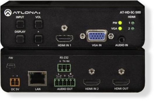 ATLONAATHDSC500 Three-Input Scaler for HDMI and VGA Signals; Features two HDMI inputs plus a VGA input with 3.5mm audio connector; Allows advanced HDMI display devices to be used with legacy VGA sources; Assures compatibility of VGA and HDMI sources with the display; Assures compatibility of VGA and HDMI sources with the display; Preferred IN resolution: 1920x1200, 1920x1080, 1366x768, 1280x800, 1280x720, 1024x768, 800x600; Color Space: YUV, RGB (ATLONAATHDSC500 DEVICE SCALER SIGNALS SOUND)