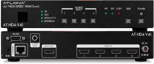 Atlona AT-HD4-V41 4 Input HDMI Switcher with Auto-switching; Automatically switches to the most recently connected or powered-up source; Activated using RS-232 adjustment; Full 3D pass through capabilities. Get clear 3D video without any signal degradation; Supports audio loop out; Video: 480i, 480p, 576i, 576p, 720p@50/60Hz, 1080i@50/60Hz, 1080p@24/50/60Hz; VESA: 640x480, 800x600, 1024x768, 1280x1024, 1360x768, 1600x1200, 1920x1200RB (ATHD4V41 AT-HD4-V41 AT-HD4-V41)