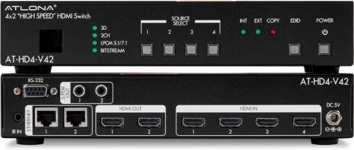 Atlona AT-HD4-V42 4 Input HDMI Switcher with Auto-switching and Mirrored HDMI Outputs; Automatically switches to the most recently connected or powered-up source; Activated using RS-232 adjustment; Full 3D pass through capabilities. Get clear 3D video without any signal degradation; Supports audio loop out; Video: 480i, 480p, 576i, 576p, 720p@50/60Hz, 1080i@50/60Hz, 1080p@24/50/60Hz; VESA: 640x480, 800x600, 1024x768, 1360x768, 1280x1024, 1600x1200, 1920x1200RB (ATHD4V42 AT-HD4-V42 AT-HD4-V42)