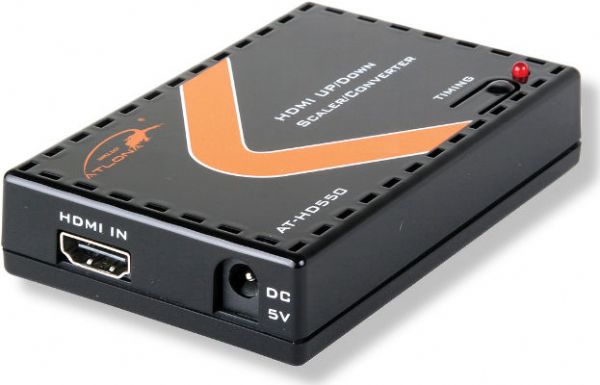 Atlona AT-HD550 HDMI UP/Down Scaler/Converter; Compact design; Plug and play; Manual tuning for quick adjustments; HDCP 1.1, and DVI 1.0 compliant; Supports up to 36-bit deep color; Supported resolutions, 480 at 60, 720 at 60, 1080 at 60, and other resolutions up to 19201200; Interlace to progressive conversion; Weight 0.5 lbs; UPC 846352001070 (ATLONA-ATHD550 ATLONA ATHD550 ATLONA-AT-HD550 ATLONA AT HD550)