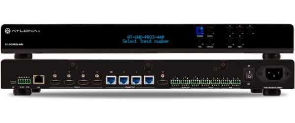 Atlona AT-UHD-PRO3-44M Model 4K/UHD Dual-Distance 44 HDMI to HDBaseT Matrix Switcher with PoE; Four HDMI inputs; Four HDBaseT outputs with 330 foot (100 meter) and 230 foot (70 meter) transmission of HDMI, power, and control; HDMI output with independently selectable mirror and matrix modes; 4K/UHD capability at 60 Hz with 4:2:0 chroma subsampling; HDCP 2.2 compliant; UPC 846352004606 (ATUHDPRO344M AT-UHDPRO344M ATUHD-PRO344M ATUHDPRO3-44M)