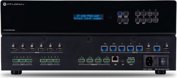 Atlona AT-UHD-PRO3-66M Model 4K/UHD Dual-Distance 66 HDMI to HDBaseT Matrix Switcher with PoE; Six HDMI inputs; Six HDBaseT outputs with 330 foot (100 meter) and 230 foot (70 meter) transmission of HDMI, power, and control; Two HDMI outputs with independently selectable mirror and matrix modes; 4K/UHD capability at 60 Hz with 4:2:0 chroma subsampling; UPC 846352004576 (ATUHDPRO366M ATUHDPRO3-66M AT-UHDPRO366M ATUHD-PRO366M AT-UHD-PRO3-66M AT UHD PRO3 66M)