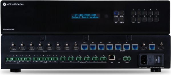 Atlona AT-UHD-PRO3-88M Model 4K UHD Dual Distance 8x8 HDMI to HDBaseT Matrix Switcher with PoE; Eight HDMI inputs; Eight HDBaseT outputs with 330 feet (100 meters) and 230 feet (70 meters) transmission of HDMI, power, and control; Two HDMI outputs with independently selectable mirror and matrix modes; 4K UHD capability at 60 Hz with 4:2:0 chroma subsampling; UPC 846352004583 (ATUHDPRO388M ATUHDPRO3-88M AT-UHDPRO388M ATUHD-PRO388M NETWORK CONNECTION DATA INTERNET)