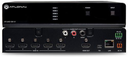 ATLONAATUHDSW51 4K/UHD, 5-Input HDMI Switcher; Compatible with Ultra High Definition sources and displays; Supports up to HDCP 1.4 (Does not support HDCP 2.2 devices); Selects: active input when sources are connected or if there is a change in source power status; Eliminates: need for complex control system in AV systems; Colorspace: YUV, RGB; Chroma Subsampling: 4:4:4, 4:2:2, 4:2:0; Color depth: 8-bit, 10-bit, 12-bit (ATLONAATUHDSW51 DEVICE SWITCHER DISPLAY ENERGY)