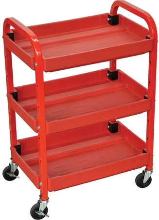Luxor ATC332 Utility Cart Three Shelf Adjustable, Red; Constructed of blow-molded plastic with metal frame; Complete with 3
