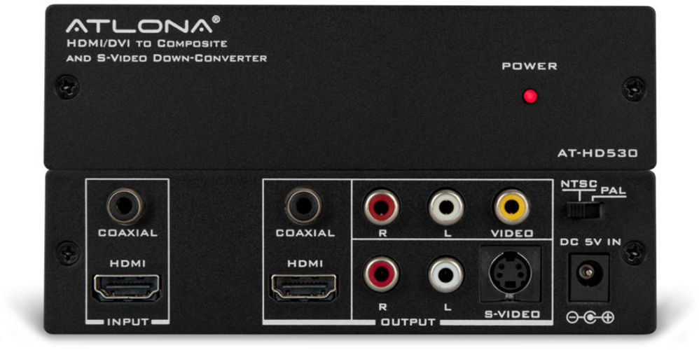 Atlona ATL-ATHD530 HDMI/DVI to Composite and S-Video Down-Converter; Automatically detects and down converts the incoming PC or HDTV resolution to NTSC or PAL formats; Supports high resolution HDTV input up to 1080p and PC input up to UXGA (1600x1200@60Hz); Output video format is selectable between Composite Video and S-Video; When the signal from HDMI or DVI source is HDCP, the Composite and S-Video outputs would be disabled (ATHD530 AT-HD530 AT-HD530 BTX)