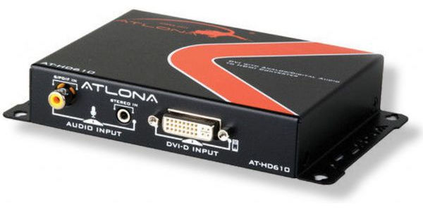 Atlona AT-HD610 DVI with Analog/Digital Audio to HDMI Converter and Embedder; EDID Learning mode for resolving EDID issues; HDCP compliant; Allows embedding of DVI and audio onto a single HDMI line; SPIDF and 3.5mm jack for analog audio input; Easily connect your PC to your home theater setup; Supports resolutions up to 1080p or 19201200; Dimensions 4.9