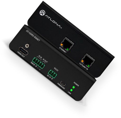 Atlona AT-HDRX-RSNET HDMI Over HDBaseT Receiver with Ethernet, RS-232, and IR; Supports HDCP 2.2; Uses easy-to-integrate category cable for low-cost, reliable system installation; Receives 4K/UHD video, audio, 100BaseT Ethernet, power, and control through a single cable; Eliminates multiple cable runs between source, control system, and display; Colorspace: YCbCr, RGB; Chroma Subsampling: 4:4:4, 4:2:2, 4:2:0; Color depth: 8-bit, 10-bit, 12-bit (ATHDRXRSNET AT-HDRX-RSNET AT-HDRX-RSNET)