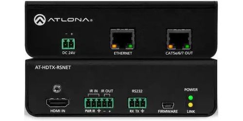 Atlona AT-HDTX-RSNET HDMI Over HDBaseT Transmitter with Ethernet, RS-232, and IR; Supports HDCP 2.2; Uses easy-to-integrate category cable for low-cost, reliable system installation; Delivers 4K/UHD video, audio, 100BaseT Ethernet, power, and control through a single cable; Eliminates multiple cable runs between source, control system, and display; Colorspace: YCbCr, RGB; Chroma Subsampling: 4:4:4, 4:2:2, 4:2:0; Color depth: 8-bit, 10-bit, 12-bit (ATHDTXRSNET AT-HDTX-RSNET AT-HDTX-RSNET)