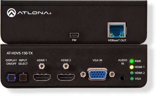 ATLONAATHDVS150TX Switcher for HDMI and VGA Inputs with HDBaseT Output; Features two HDMI inputs plus a VGA input with 3.5mm audio connector; Allows advanced HDMI display devices to be used with legacy VGA sources; Note: Audio signals will not pass without an accompanying video signal; Transmits AV signals up to 230 ft (70m) @ 1080P and 130 ft. (40m) @ 4K/UHD using CAT6a/7 cable; Color Space: YUV, RGB; Chroma Subsampling: 4:4:4, 4:2:2, 4:2:0 (ATLONAATHDVS150TX DEVICE SWITCHER DISPLAY SOUND)
