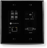 ATLONAATHDVS200TXWPBLK Two-Input Wallplate Switcher for HDMI and VGA; US two-gang enclosure for Decora-style wallplate openings – interchangeable as black or white; 2×1 HDBaseT switcher with HDMI and VGA inputs; Ideal for the AT-HDVS-200-RX scaling receiver and Atlona HDBaseT-equipped switchers; HDBaseT transmitter for AV, Ethernet, power, and control up to 330 feet (100 meters); UPC 846352004644 (ATLONAATHDVS200TXWPBLK DEVICE SWITCHER RECEIVER CONTROL) 