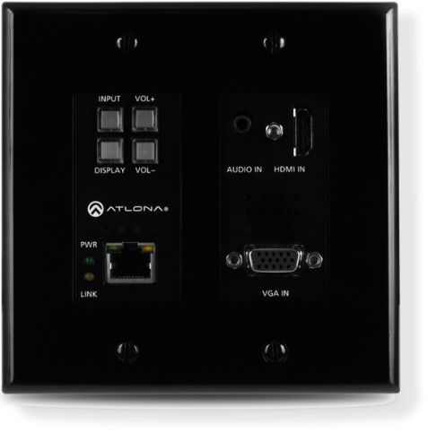 ATLONAATHDVS200TXWPBLK Two-Input Wallplate Switcher for HDMI and VGA; US two-gang enclosure for Decora-style wallplate openings  interchangeable as black or white; 21 HDBaseT switcher with HDMI and VGA inputs; Ideal for the AT-HDVS-200-RX scaling receiver and Atlona HDBaseT-equipped switchers; HDBaseT transmitter for AV, Ethernet, power, and control up to 330 feet (100 meters); UPC 846352004644 (ATLONAATHDVS200TXWPBLK DEVICE SWITCHER RECEIVER CONTROL)