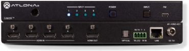 ATLONAATJUNO451 HDMI Switcher with Auto-Switching and Return Optical Audio; 4×1 HDMI switcher; 4K/UHD capability AT 60 Hz with 4:4:4 chroma sampling, plus support for HDR formats; HDCP 2.2 compliant; Automatic input selection using hot plug detect and video detection technology; Delivers return audio from a TV via ARC to an optical digital audio output; TCP/IP, RS-232, and IR control; Weight 1.82 lbs; UPC 846352004934 (ATLONAATJUNO451 DEVICE SWITCHER DIGITAL WIRE) 