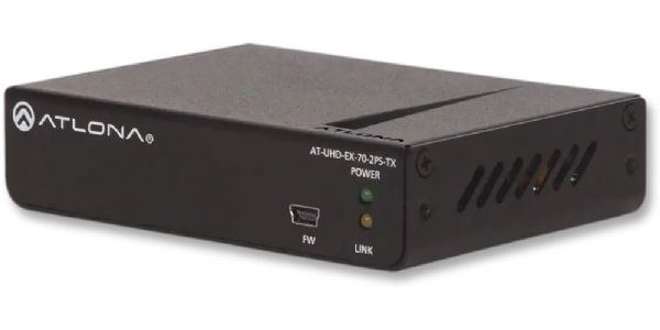 Atlona AT-UHD-EX-70-2PS Four-K/UHD HDMI Transmitter and Receiver Extender Kit, Black Color; Over HDBaseT; 4K/UHD capability at 60 Hz with 4:2:0 chroma subsampling; HDCP 2.2 compliant; Supports 4K HDR10 at 24 Hz (4:2:0 chroma subsampling, 10-bit color); HDBaseT extender kit for HDMI up to 230 feet (70 meters); Multi-channel audio compliant for all PCM, Dolby, and DTS formats; UPC 846352004514 (ATLONA-ATUHDEX702PS ATLONA-AT-UHD-EX-70-2PS ATLONA AT UHD EX 70 2PS ATUHDEX702PS)