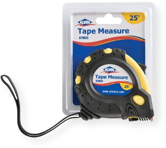 Alvin ATM25 Tape Measure 25ft, 25' retractable tape measure features three convenient locking stops located on the top, side, and bottom, Injected metal hook end includes magnets, Nylon-coated blade has longer standout, UPC 088354805618 (ATM-25 ATM 25)