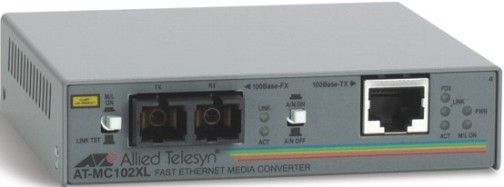 Allied Telesis AT-MC102XL-10 model AT-MC102XL Fast Ethernet Standalone Media Converter 100TX to 100FX (SC) with Multi-mode SC Fiber Connectors, Converts Copper Fast Ethernet to Multimode fiber, Operates under all traffic loads, Fan-less design, Auto MDI/MID-X Copper Port, MissingLink Support, Transparent to Jumbo packets and VLAN tagged packets, UPC 767035123417 (ATMC102XL AT MC102XL ATM-C102XL ATMC-102XL)