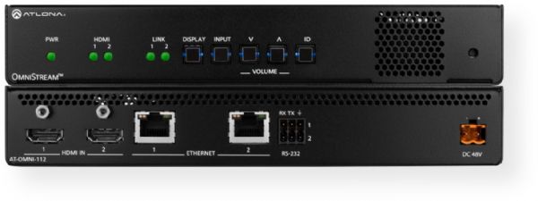 Atlona AT-OMNI-112 OmniStream Dual-Channel Networked AV Encoder; Dual-channel AV encoder for HDMI up to 4K/UHD, plus embedded audio and RS-232 control; Networked AV redundancy; SMPTE VC-2 visually lossless video compression; Network error resilience with FEC (forward error correction); Secure content distribution with AES-128 encryption; Local or PoE (Power over Ethernet) powering (ATOMNI112 ATLONA AT-OMNI112 ATOMNI-112 AT-OMNI-112)