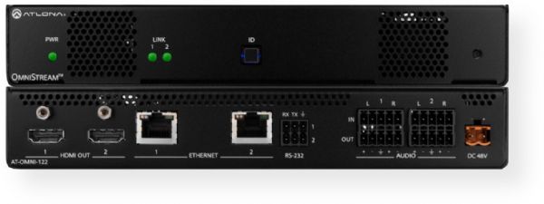 Atlona AT-OMNI-122 OmniStream Dual-Channel Networked AV Encoder; Dual-channel AV encoder for HDMI up to 4K/UHD, plus embedded audio and RS-232 control; Networked AV redundancy; SMPTE VC-2 visually lossless video compression; Network error resilience with FEC (forward error correction); Secure content distribution with AES-128 encryption; Local or PoE (Power over Ethernet) powering (ATOMNI122 ATOMNI-122 AT-OMNI122 AT-OMNI-122)