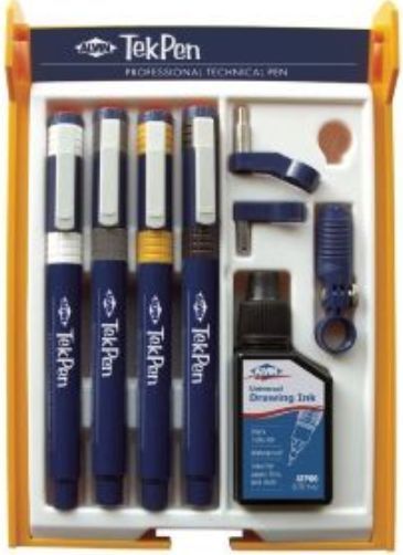Alvin ATP44 Tekpen Technical Pen Set of 4, Set includes one each of 3x0, 00, 0, and 1 pens, a bottle of universal ink and 3 compass adapters, Ship Weight 0.71 lbs, Ship Dim: 6.5 x 7.3 x 1.1 in, UPC Code 088354802051, Harmonized Code 0009608200000 (ATP-44 ATP 44)