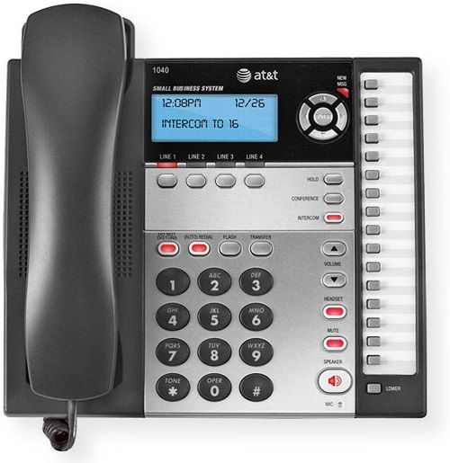 AT&T 1040 4 Line small business system with speakerphone; Charcoal; 200 name number directory; Expandable to a 16 extension telephone system; The 1040 telephone is compatible with the 1070 and 1080 telephones; Last 6 number redial; Hearing aid compatible and can be connected to four incoming telephone lines UPC 650530014628 (1040 ATT1040 1040-PHONE PHONE1040 ATTPHONE1040 PHONE-ATT1040)