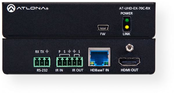 Atlona AT-UHD-EX-70C-RX Model 4K/UHD HDMI Over HDBaseT Receiver with Control and PoE; 4K/UHD capability at 60 Hz with 4:2:0 chroma subsampling; HDCP 2.2 compliant; Supports 4K HDR10 at 24 Hz (4:2:0 chroma subsampling, 10-bit color); HDBaseT receiver for HDMI, power, and control up to 230 feet (70 meters); Remotely powered via PoE (Power over Ethernet); Receives RS-232, IR, and CEC control signals over HDBaseT; UPC 846352004507 (ATUHDEX70CRX AT-UHD-EX-70C-RX AT UHD EX 70C RX)
