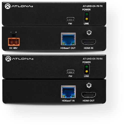 ATLONAATUHDEX70KIT 4K/UHD HDMI Over HDBaseT TX/RX with PoE; Compatible with Ultra High Definition sources and displays; Full support of 4K/UHD streaming services and playback devices; Adheres to latest specification for High-bandwidth Content Protection; Allows protected content stream to pass between devices; Colorspace: YCbCr, RGB; Chroma Subsampling: 4:4:4, 4:2:2, 4:2:0; Color Depth: 8-bit, 10-bit, 12-bit (ATLONAATUHDEX70KIT DEVICE HD DISPLAY PLAYBACK)
