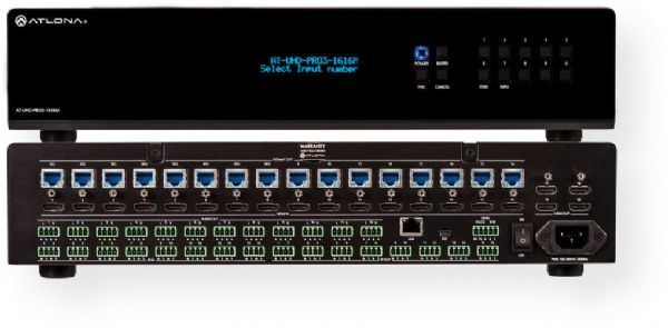 Atlona AT-UHD-PRO3-1616M Model 4K/UHD Dual-Distance 1616 HDMI to HDBaseT Matrix Switcher with PoE; 16 HDMI inputs; 16 HDBaseT outputs with 330 foot (100 meter) and 230 foot (70 meter) transmission of HDMI, power, and control; Four HDMI outputs with independently selectable mirror and matrix modes; 4K/UHD capability at 60 Hz with 4:2:0 chroma subsampling; HDCP 2.2 compliant; UPC 846352004590 (ATUHDPRO31616M AT UHD PRO3 1616M AT-UHDPRO31616M ATUHDPRO3-1616M AT-UHD-PRO3-1616M)