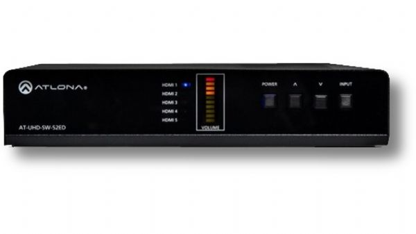 Atlona AT-UHD-SW-52ED Model 4K/UHD Five-Input HDMI Switcher; 4K/UHD capability at 60 Hz with 4:2:0 chroma subsampling; Five HDMI inputs; Mirrored HDBaseT and HDMI outputs; Automatic input selection and automatic display control; TCP/IP, RS-232, and IR control; EDID and HDCP management; Front panel volume control and indicator; PoE (Power over Ethernet) source  remotely powers compatible HDBaseT endpoints; UPC 846352004330 (ATUHDSW52ED ATUHDSW-52ED AT-UHDSW52ED AT-UHD-SW-52ED BTX)